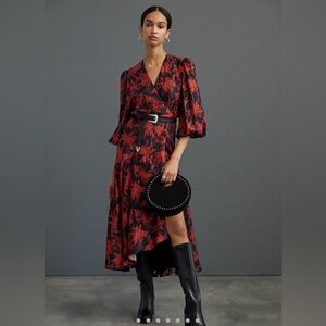 Caballero for Anthropologie Abstract Wrap Midi Dress Red Black Silk Blend XL